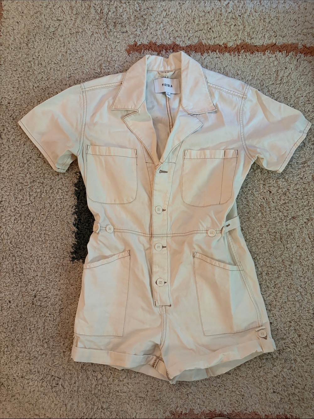 pistola Cream Short-Sleeve Utility Romper with Patch Pockets